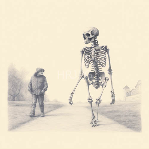 deserted street encounter eerie skeleton pencil illustration