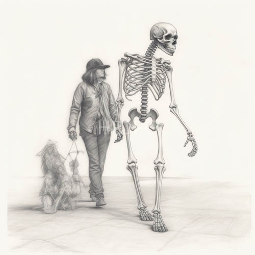 High Resolution: Skeletal Dog Walker: Whimsical Gothic Pencil Portrait download. | HRJPG.com