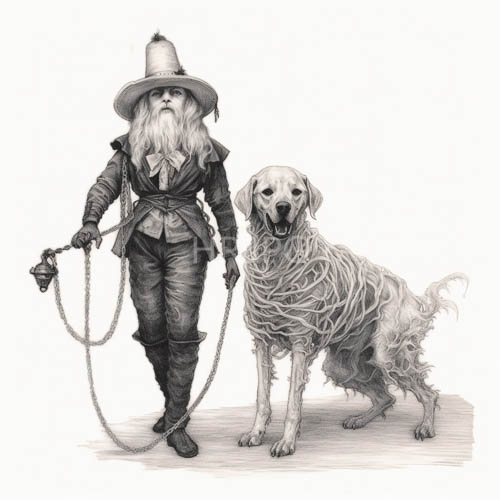 pencil sketches illustrate wizards sitting beside golden retrievers