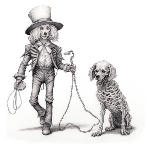 victorian youth and skeletal hound surreal gothic drawing