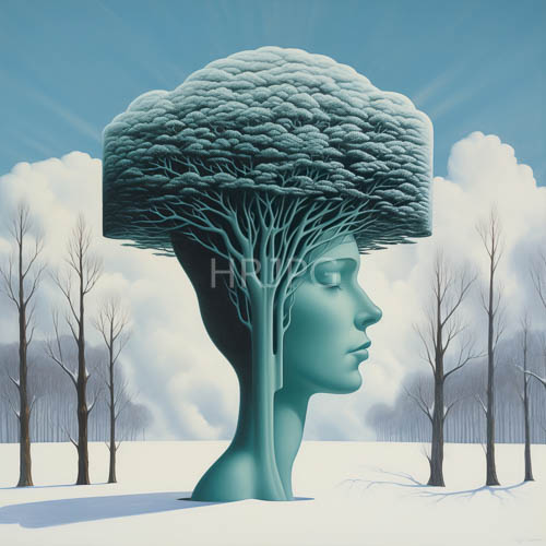 winter mindscape turquoise female head in snowy landscape