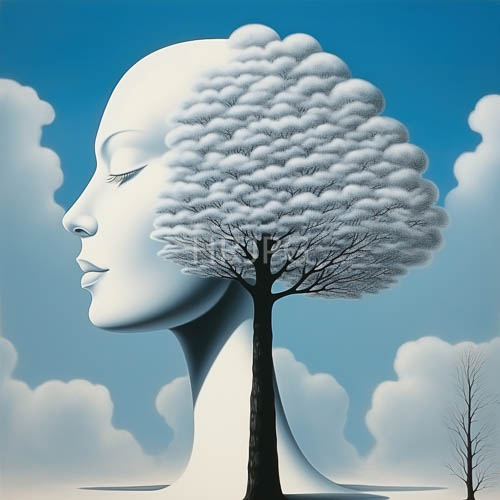 cloud hair metaphor abstract white female head and tree