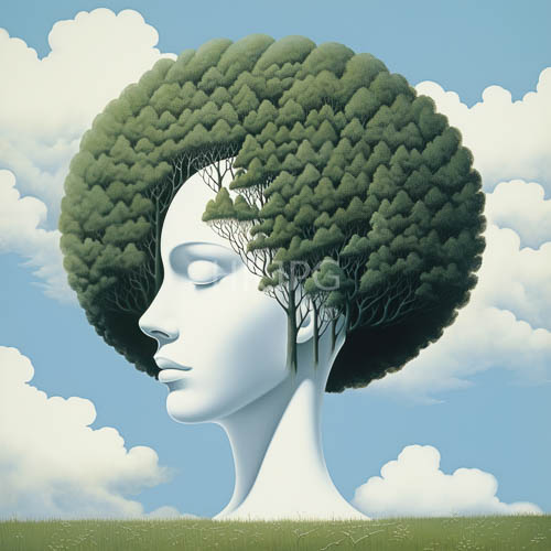 luxuriant green afro white skinned surreal female portrait
