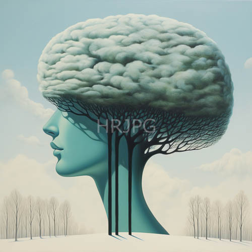 winter cloud mind blue skinned profile with cloud brain