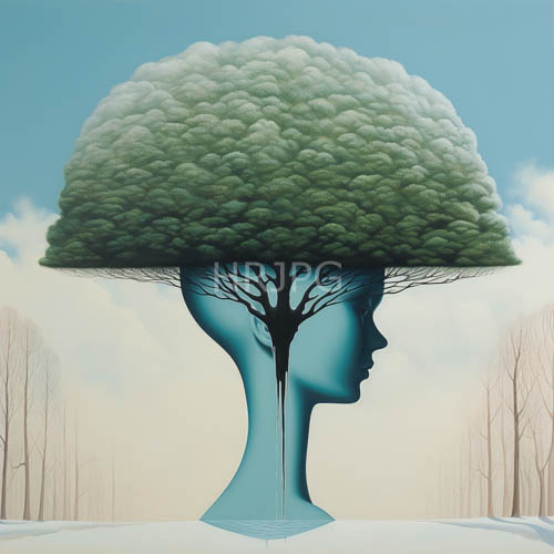 organic monolith blue surreal figure with green canopy