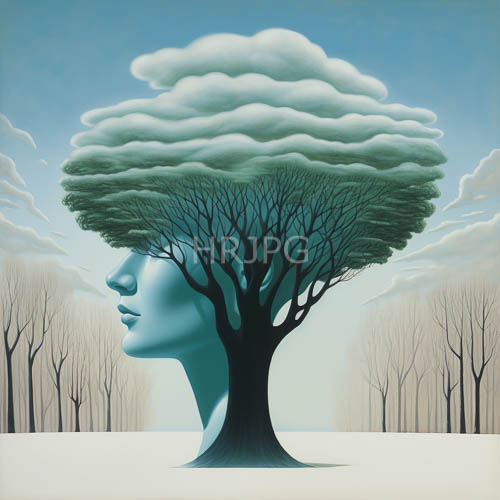 black tree trunks incorporate blue skinned facial contours