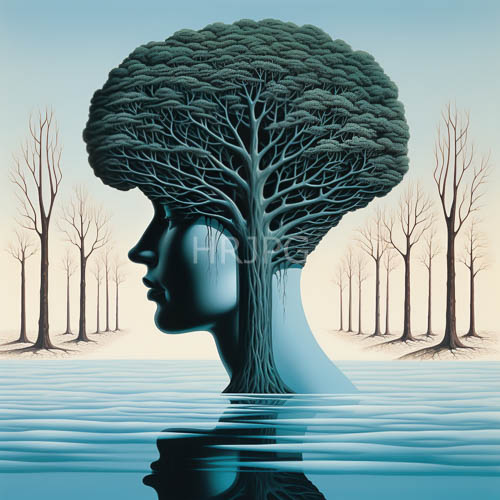 foliage hair drapes over blue skinned humanoid figures