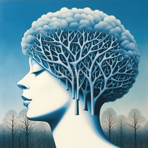 white skinned profiles merge with green tree canopies