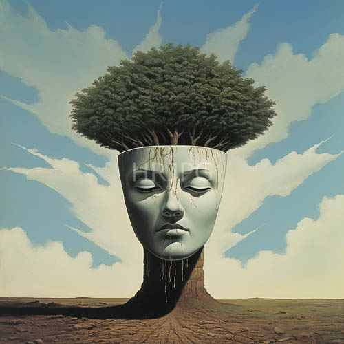 green oak trees rise from pale blue human facial profiles