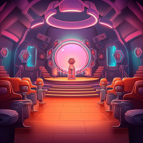 futuristic neon theater orange and purple circular stage