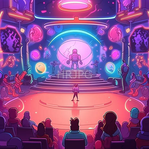 cosmic neon concert futuristic stage with dancers