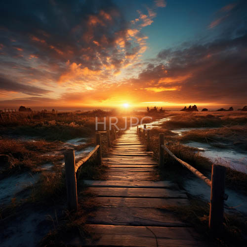 marshland boardwalk sunset vibrant orange and purple skies