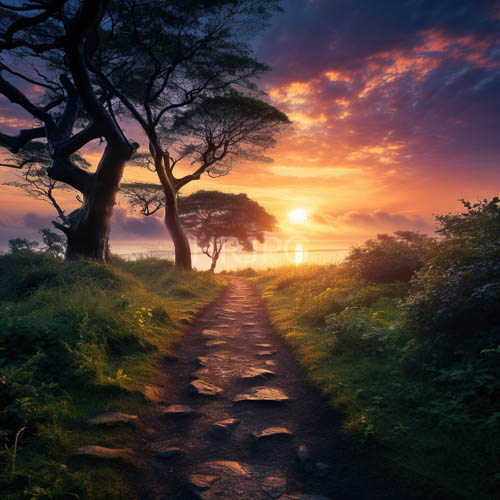 High Resolution: Forest Path Sunset: Twisted Trees and Pink Skies download. | HRJPG.com