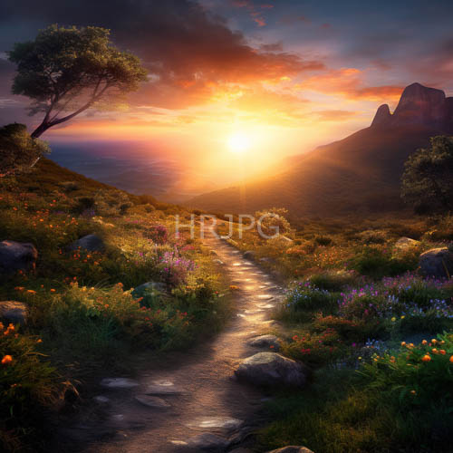 wildflower meadow sunset winding dirt path and mountains