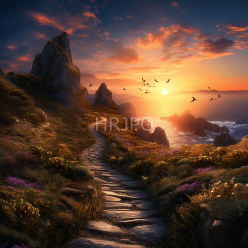 coastal sunset cliff stone path and crashing waves