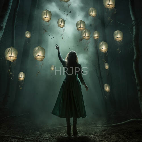 High Resolution: Lantern Forest Pathway: Woman in Green Gown and Boots download. | HRJPG.com
