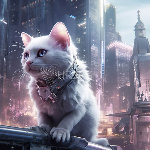 cyberpunk city guardian white cat on tech machinery