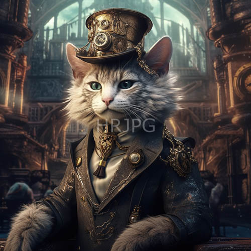 steampunk feline engineer grey striped cat in victorian suit