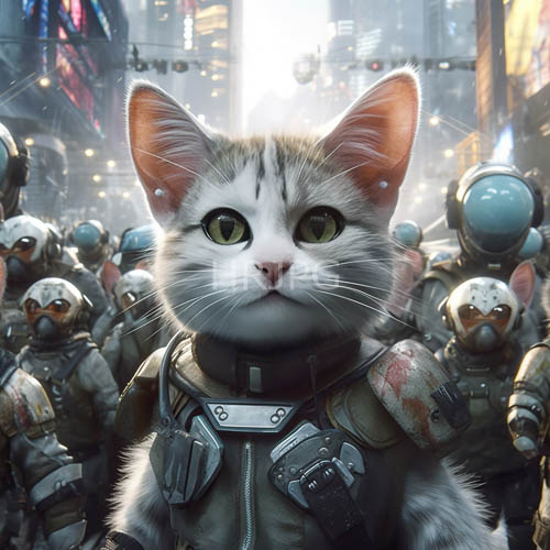 cyberpunk feline soldier white cat in futuristic armor