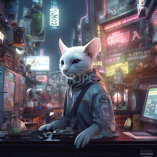 High Resolution: Cyberpunk Tech Shop: White Cat in Cybernetic Hood download. | HRJPG.com