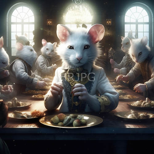 white rats gather around dining tables in ornate halls