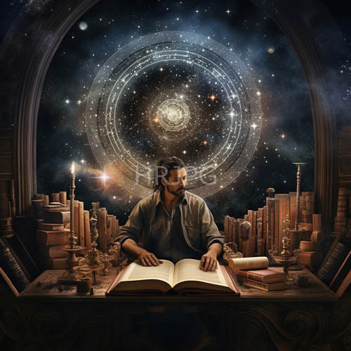 star mandalas glow above scholars writing at wooden desks