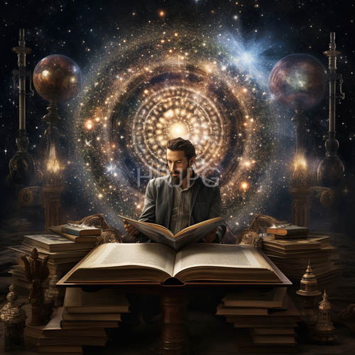 High Resolution: Starry galaxies frame reading sages holding open books download. | HRJPG.com
