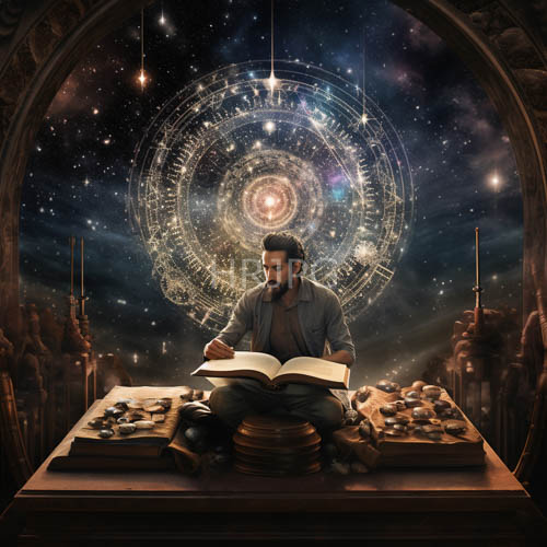 cosmic altar scribe mystical meditation in starry space