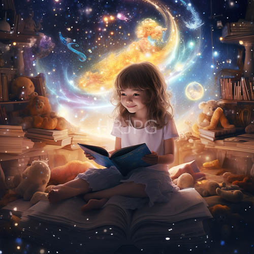bedtime starry voyage young girl reading with teddy bears