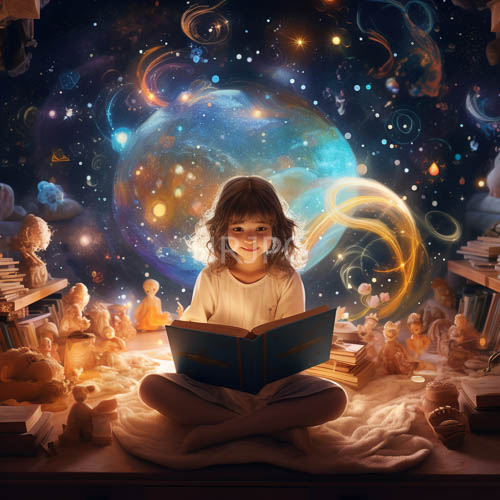 fluffy clouds support young girls reading open books