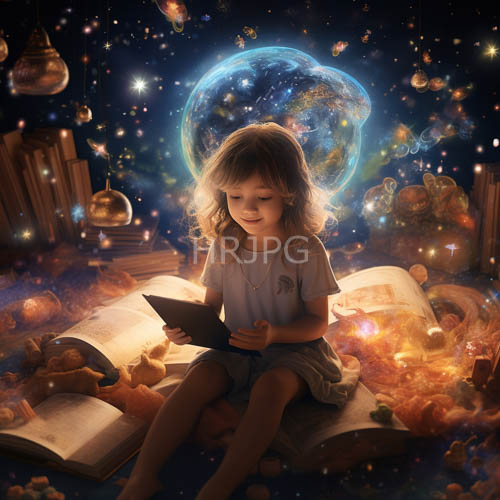 giant books float through space carrying young female figures
