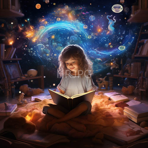 High Resolution: Dreamy Library Sky: Child Reading on Orange Clouds download. | HRJPG.com