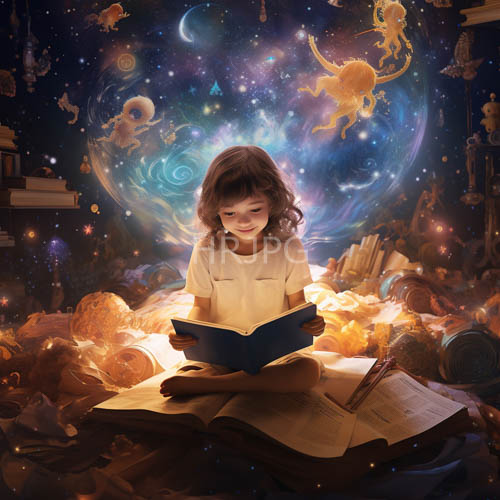 magical unicorn meadow young girl reading with fantasy creatures