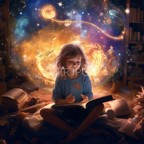 starry murals decorate study rooms beside reading blonde girls