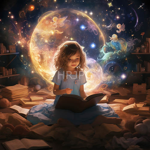 High Resolution: Whimsical Cherub Night: Young Girl Reading by Crescent Moon download. | HRJPG.com