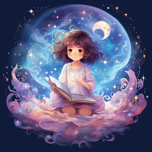 cloud sanctuary young girl reading under dreamy moon