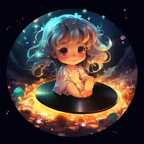 retro cosmic vinyl chubby cheeked child on glowing record