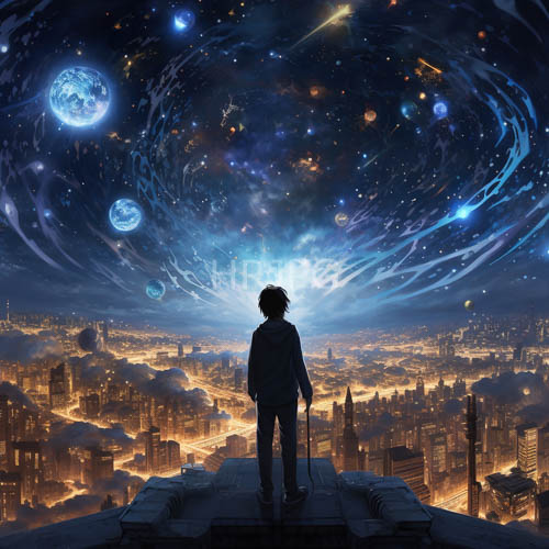 High Resolution: Cosmic skies background silhouetted figures on urban rooftops download. | HRJPG.com