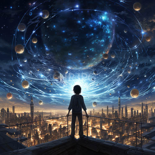 cosmic rooftop view curly haired character and swirling sky