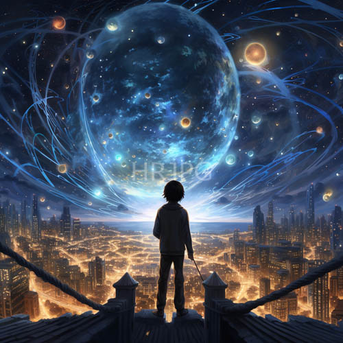 enormous blue planet character with staff on high rooftop