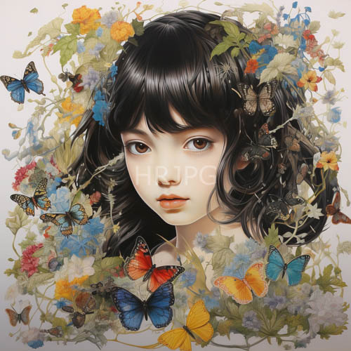 floral serenity asian girl with butterflies and flowers