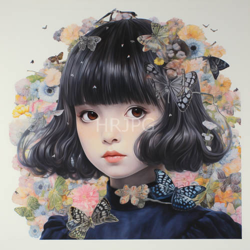 pastel butterfly garden asian girl in dark blue dress