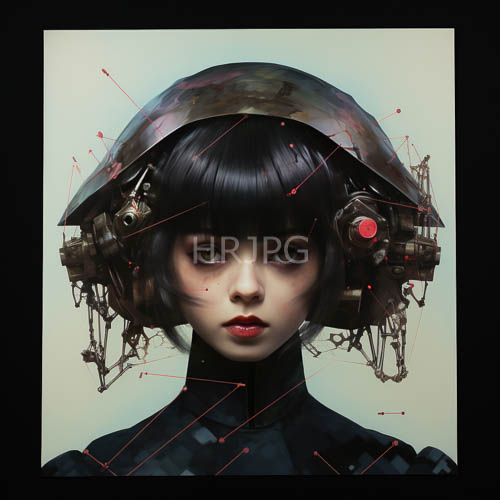 cybernetic helmet portrait asian woman with bold red lips