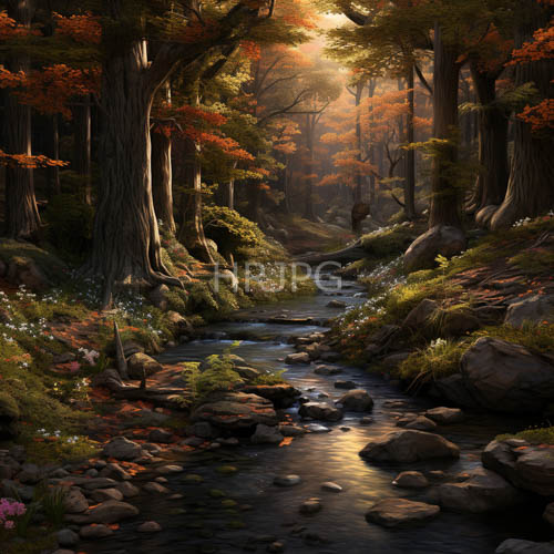 autumn stream harmony forest landscape with orange leaves