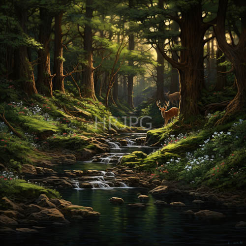 High Resolution: Dawn Waterfall Cascade: Enchanting Forest Stream Scene download. | HRJPG.com
