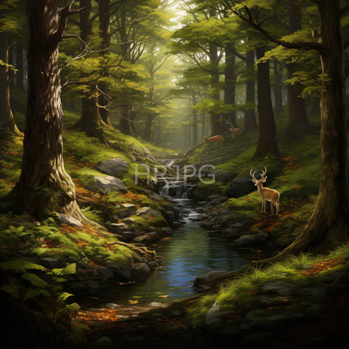 dappled light brook majestic deer by a forest waterfall