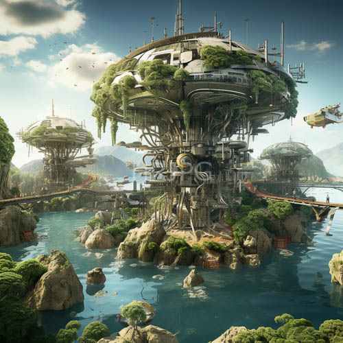 floating crystalline islands steampunk sphere over turquoise water