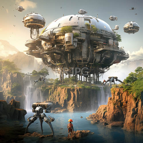 spherical vessel landing futuristic robot in waterfall valley