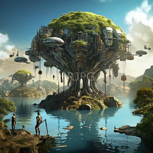 floating buildings hover over calm waters near large trees