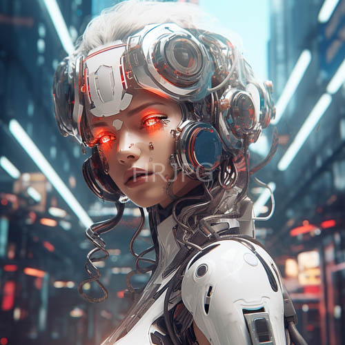 red optical lenses glow from silver cybernetic female faces